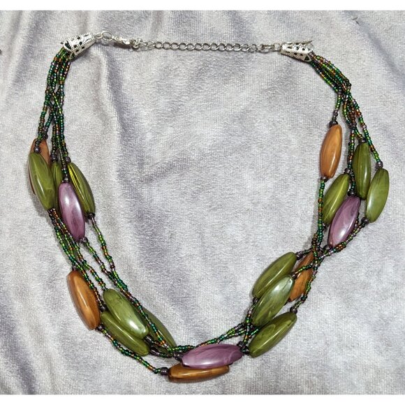 Vintage Retro Lucite And Glass Green Purple And Orange Beaded Necklace - Picture 6 of 6